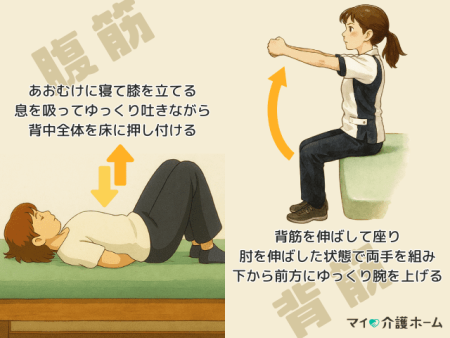 老人性円背予防の腹筋・背筋トレーニング方法