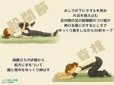 老人性円背予防の股関節・脊椎の柔軟性を上げる運動