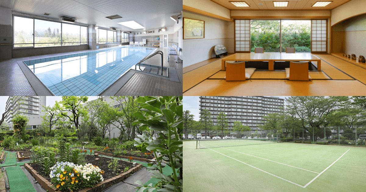 アメニティーライフ八王子の多彩な共用施設の例（左上；プール、左下：菜園・花壇、右上：和室、右下：テニスコート）